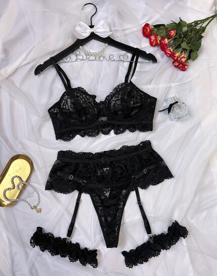 Black sexy see-through lingerie halter lace set